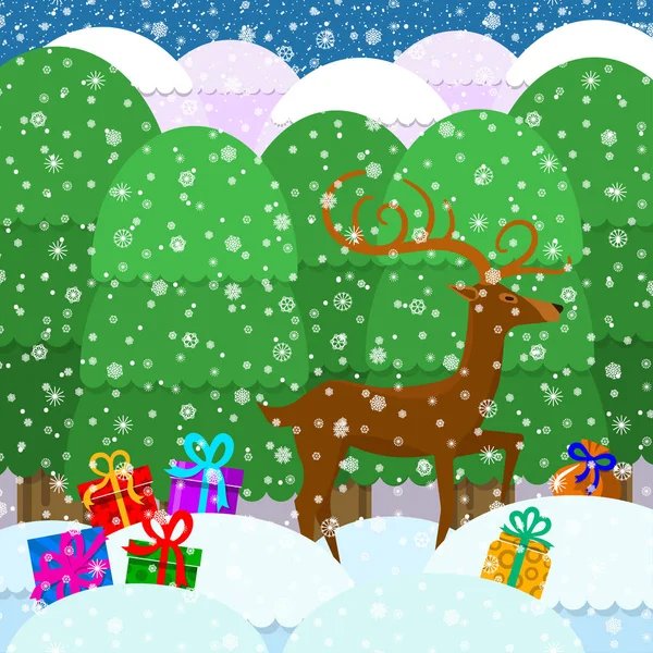 Ilustración Para Navidad Árbol Navidad Regalos Copos Nieve Todos Los — Vector de stock