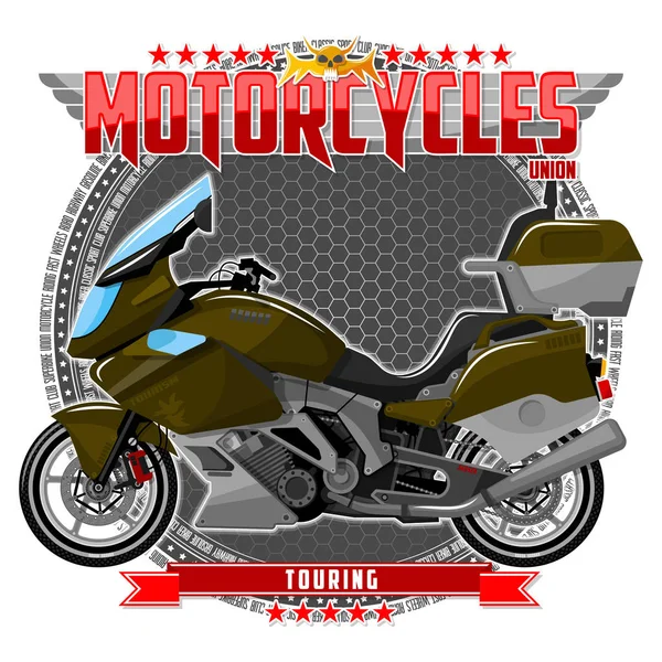 Motorcycle of a certain type, on a symbolic background. Motorcycle text and background are located on separate layers.