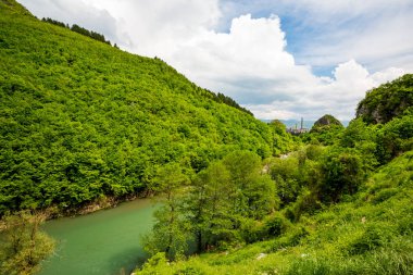 Yeşil bahar manzara, nehir ve fabrika, Sırbistan