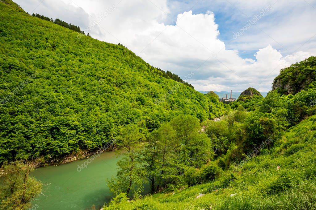 Green spring landscape, river and factory, Serbia