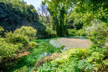 Güzel turkuaz mavi göz aka Syri bahar ben Kalter Arnavutluk Muzine şehri yakınlarında. Bahar kristal berraklığında suları vardır ve nehir Bistrice başlıyor