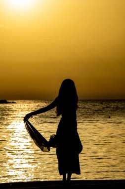 Gün batımında güzel siluet altın deniz suyu