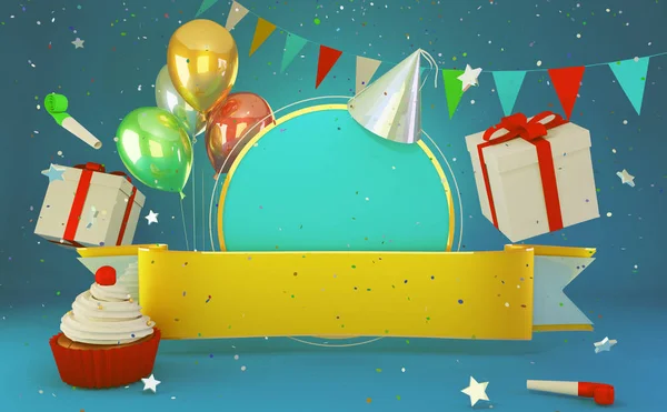 Feliz Aniversário Cartão Saudação Com Parabéns Balões Bolo Festa — Fotografia de Stock
