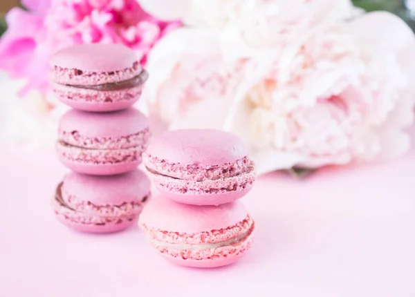 Macaroons Strawberry Cocoa Flavor Lie Pink Paper Background Delicate Peony — Stock Photo, Image