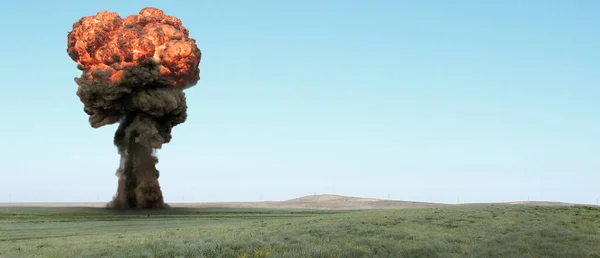 Explosion, nuclear bomb test in a deserted steppe.