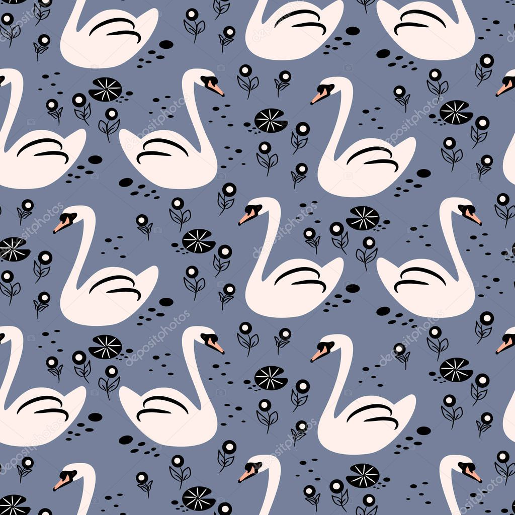 Swan cute baby seamless vector pattern.
