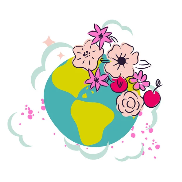 Cartoon earth with flower crown decor clipart vector. — Stock Vector