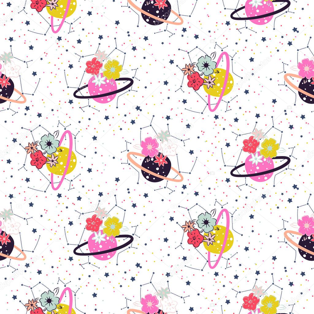 Planet kids hand drawn seamless pattern. Doodle childish cosmic floral background.