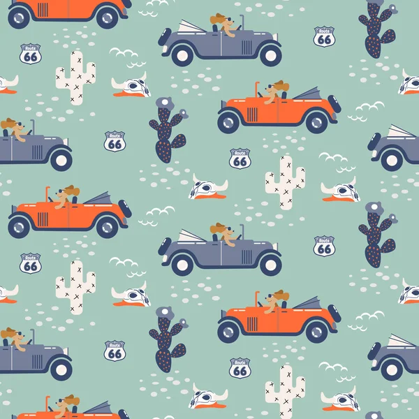 Vector seamless pattern with dogs on cars in desert. — Stock Vector