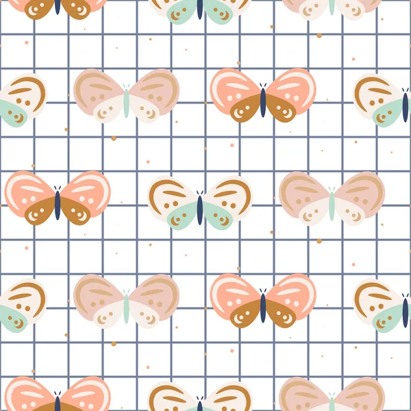 Farfalla a scacchi pastello colorato bambino modello vettoriale senza soluzione di continuità . — Vettoriale Stock