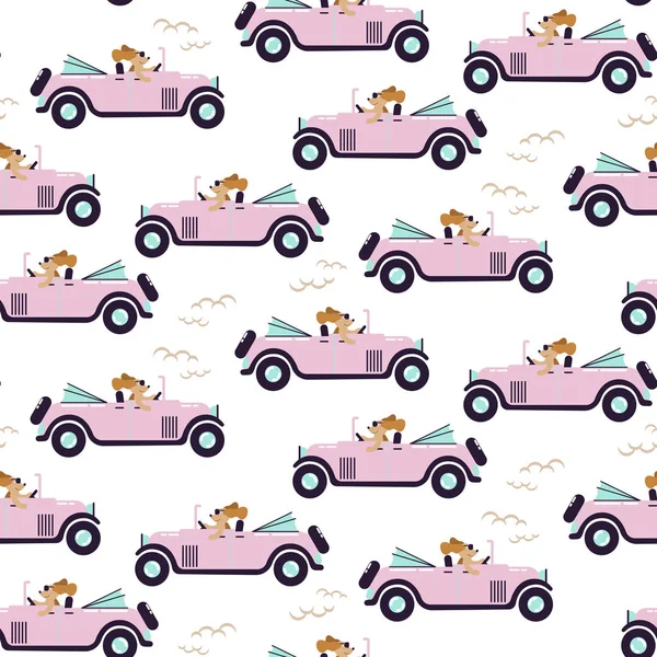 Coche retro linda chica inconsútil patrón rosa fondo de pantalla . — Vector de stock