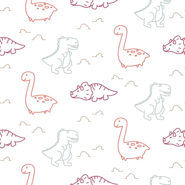 Dinosaurs line style cute baby seamless vector pattern. — Stock Vector