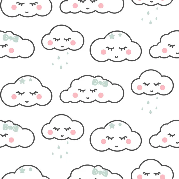 귀여운 구름 졸린 얼굴 흰 완벽 한 아기 벡터 패턴. — 스톡 벡터