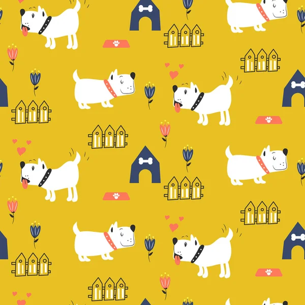 Seamless Pattern Adorable Puppies Yellow Background Cute Enamored Dogs Repeat — Stock Vector