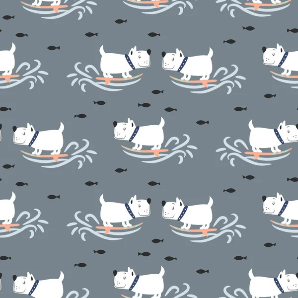 Pattern with cute surf puppies blue sea background. Cheerful white colored dog surfing print for child apparel design.