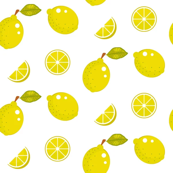 Zitrone mit grünen Blättern auf weißem Hintergrund. Citrusgelb nahtloses Vektormuster. — Stockvektor