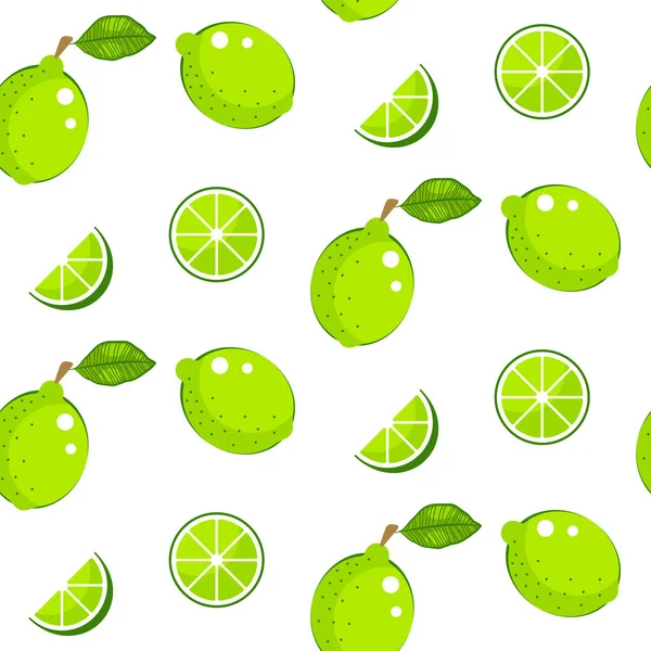 Lime with green leaves on white background. Citrus seamless vector pattern. — Stock Vector