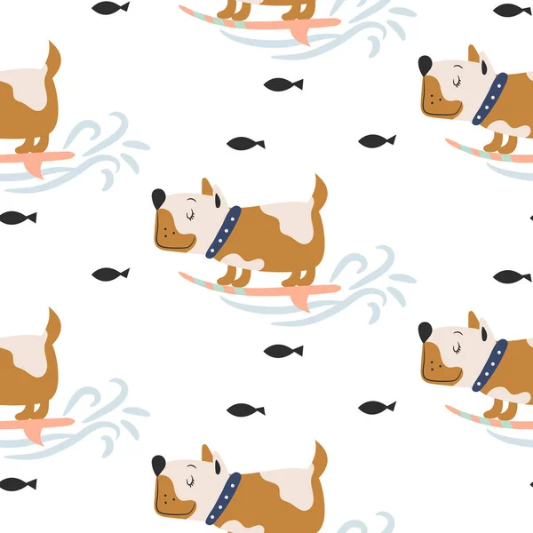 Seamless pattern with cute dogs on surf background. — Stock Vector