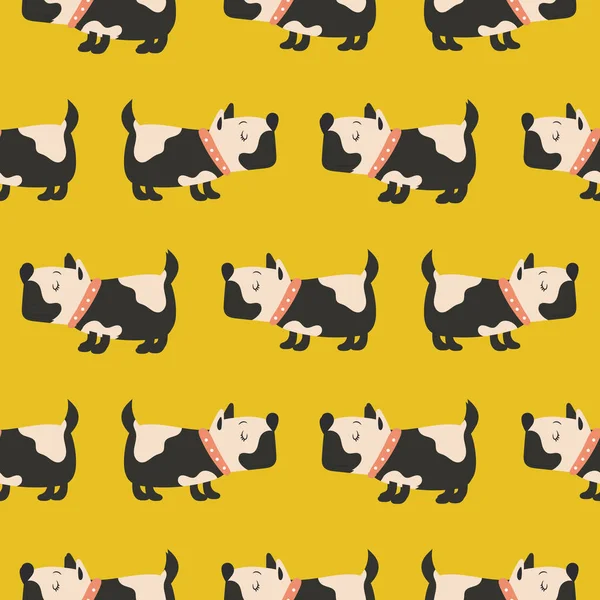 Varrat nélküli mintát, aranyos kutyák sárga háttér. — Stock Vector