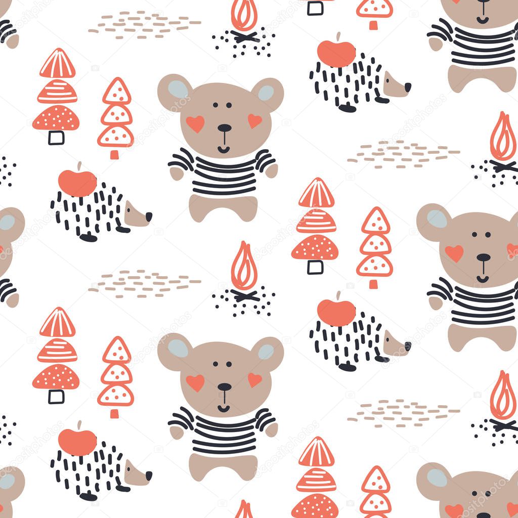 Cute baby bear and hedgehog in the woods seamless vector pattern.