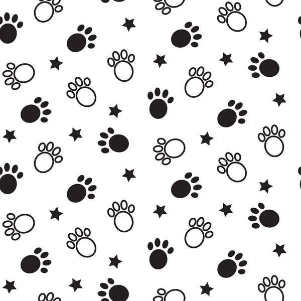 Paws seamless vector pattern. Animal tracks black and white background. — Stock Vector
