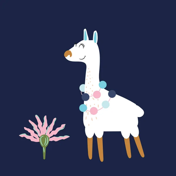 Krásná Lama a květinka izolovaný kreslený vektorový obrázek. — Stockový vektor