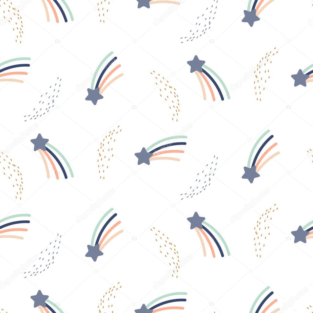 Starry comet space cute seamless vector pattern. Baby bed linen repeat background for print.
