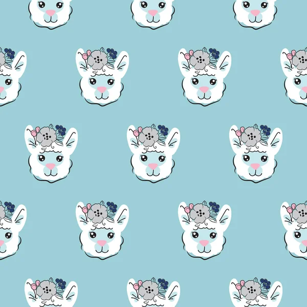 Lama seamless vector pattern. Cute animal with flower on head light blue print. — Stock Vector