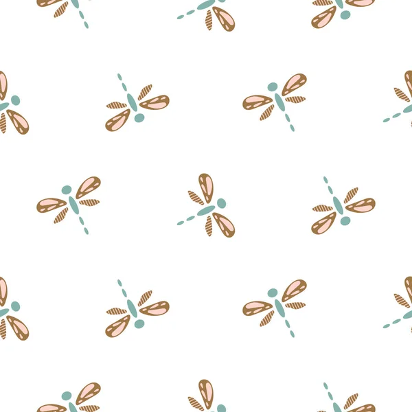 Lindo patrón de vector sin costura libélula. Escarabajo de insectos beige claro y azul sobre fondo blanco neutro . — Archivo Imágenes Vectoriales