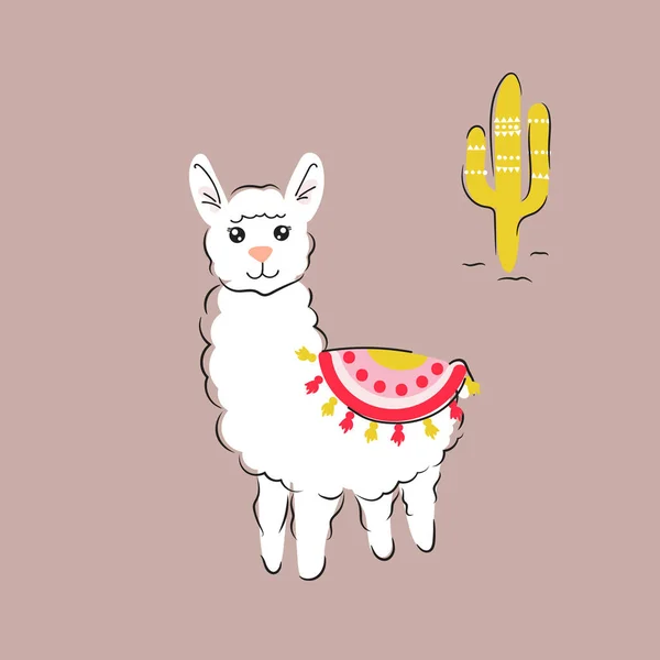Roztomilá Lama a kaktusy, samostatný kreslený vektorový obrázek. — Stockový vektor