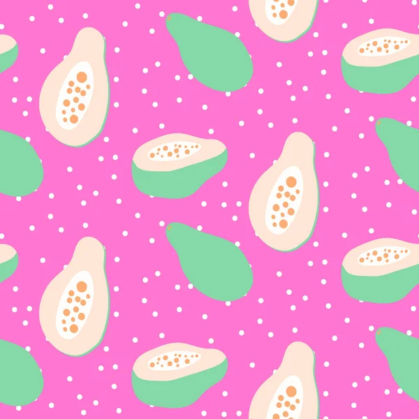 Papaya seamless pattern. Vector pink fruit cartoon style dotted background. — Stock Vector