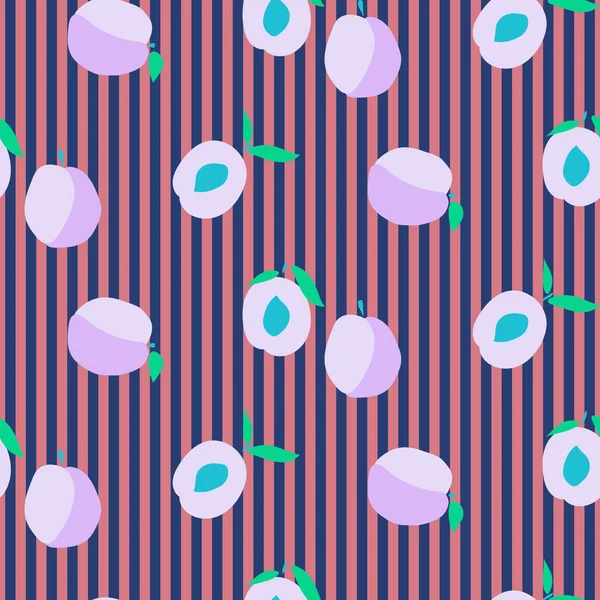 Plum naadloze patroon. Vector paars gestreepte fruit cartoon stijl achtergrond. — Stockvector