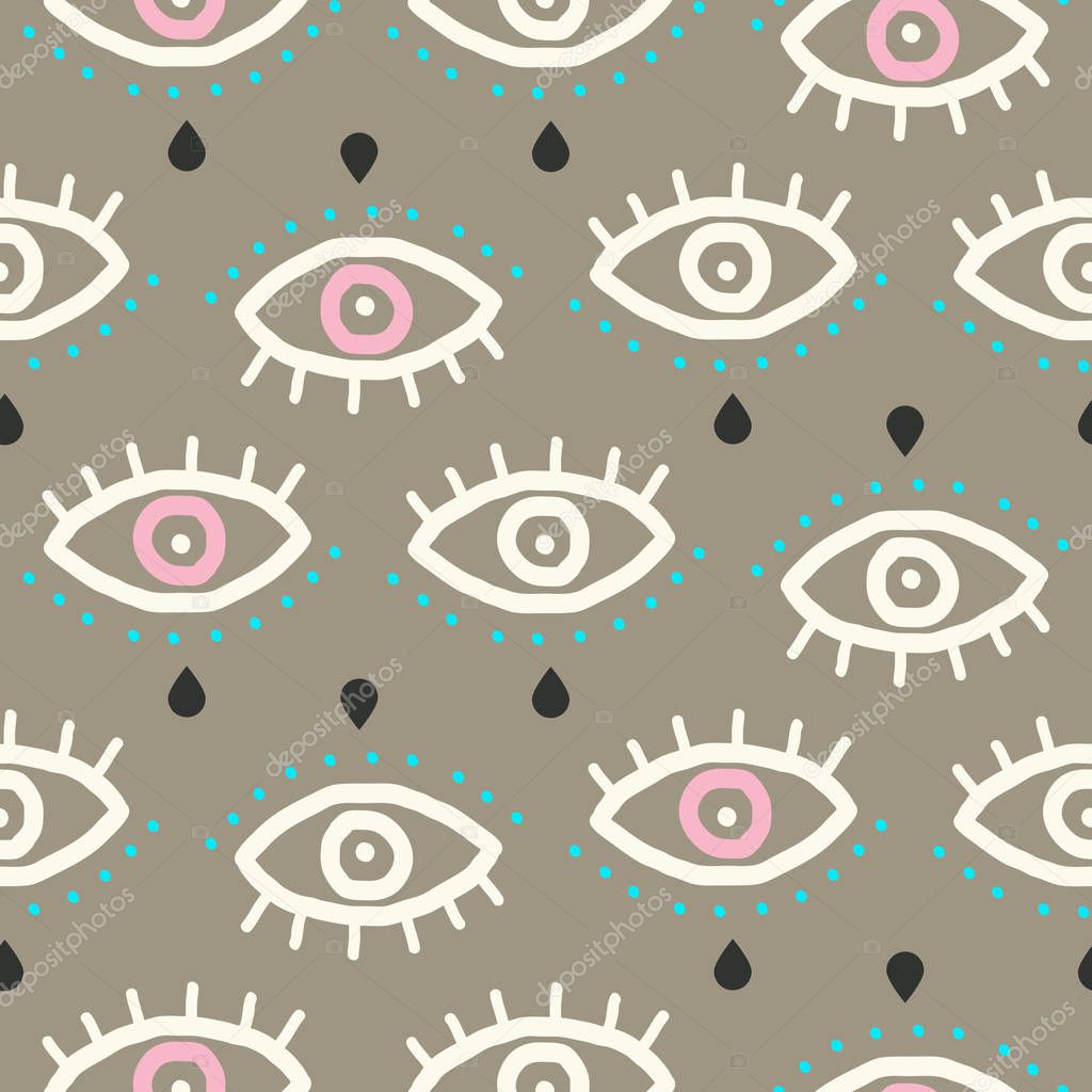 Seamless pattern eyes with tear drop in hipster style. Vector youth texture background for print.