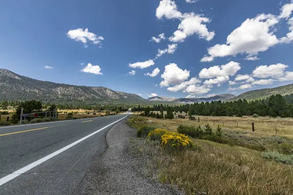 Droga Biegnąca Oddali Blu Sky Białymi Chmurami Górami Drzewami Trawą — Zdjęcie stockowe