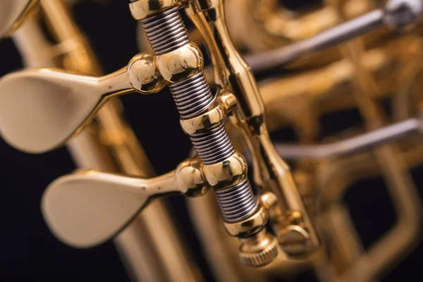 Uma Parte Trompete Giratório Banhado Ouro Fundo Preto — Fotografia de Stock