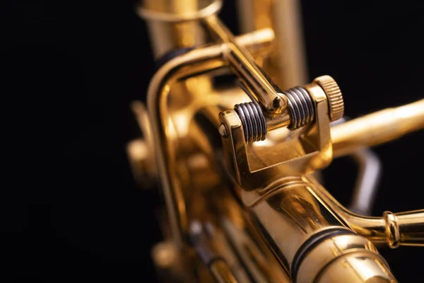 Uma Parte Trompete Giratório Banhado Ouro Fundo Preto — Fotografia de Stock