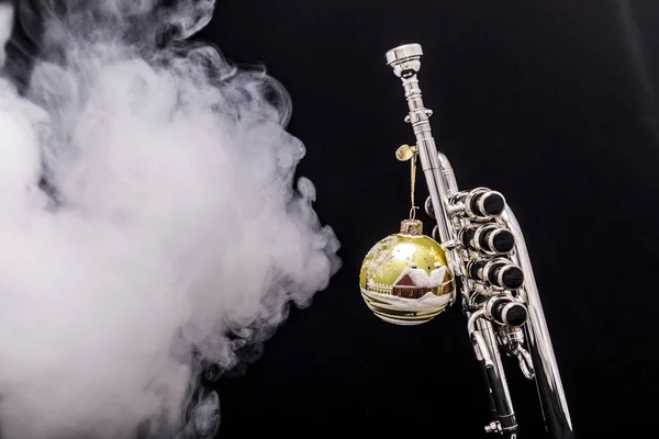 Silver Plated Piccolo Trumpet Christmas Ornament Smoke Black Background — Stock Photo, Image