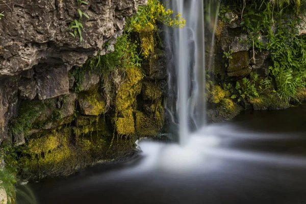 Small Waterfall Falling Rocks Moss Grass — Stock Photo, Image