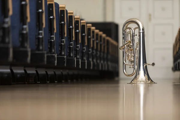 Euphonium Standing Its Bell Floor Amongst Rows Chairs — Stock Photo, Image