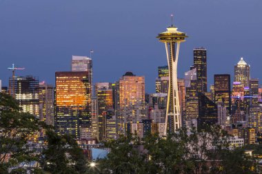 Seattle şehir ışıkları ile akşam manzarası