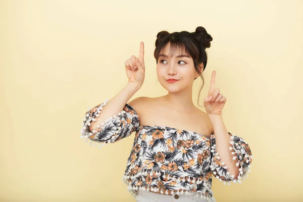 Studio Shot Asian Young Girl Isolated Beige Background Pointing Fingers — Stock Photo, Image