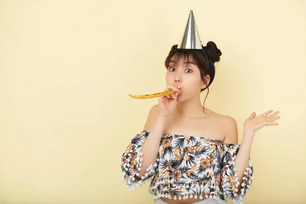 Pretty Woman Party Hat Blowing Whistle While Posing Studio — Stock Photo, Image