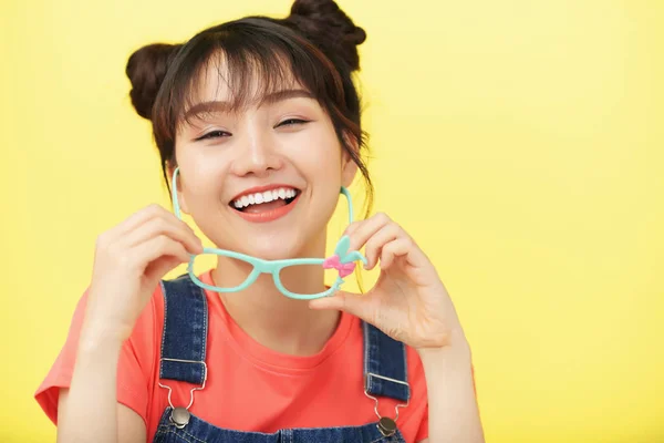 Portrait Happy Asian Girl Eyeglasses Isolated Yellow Background — Stock Photo, Image