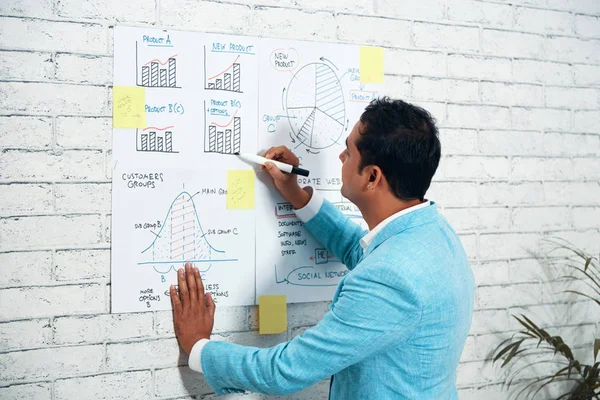 グラフとチャートを分析し 戦略を計画エレガントなインドのビジネスマンの側面図 — ストック写真