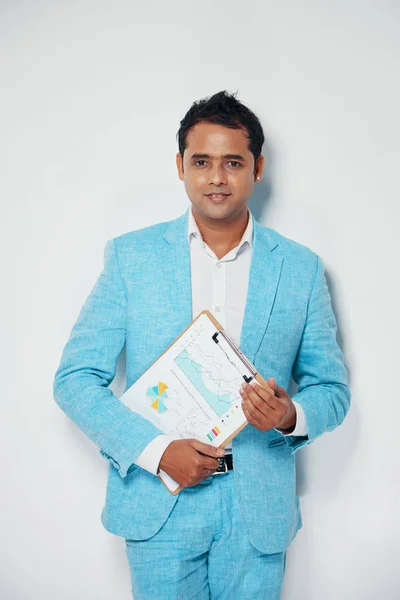 Stylish Indian Businessman Posing White Wall Financial Report His Hands — Stock Photo, Image