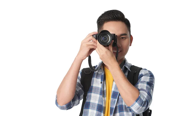 Asijské Turistické Muž Fotografoval Kameře Kopie Prostor — Stock fotografie