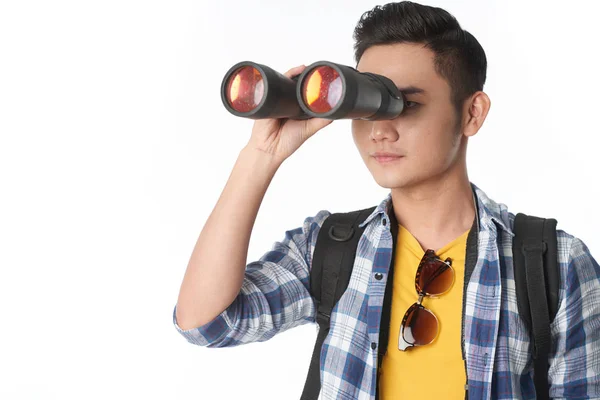 Asian Tourist Man Backpack Looking Binoculars Studio — Stock Photo, Image