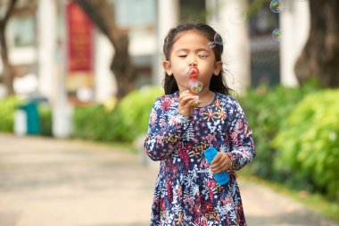 Küçük Asyalı kız parkta sabun köpüğü üfleme