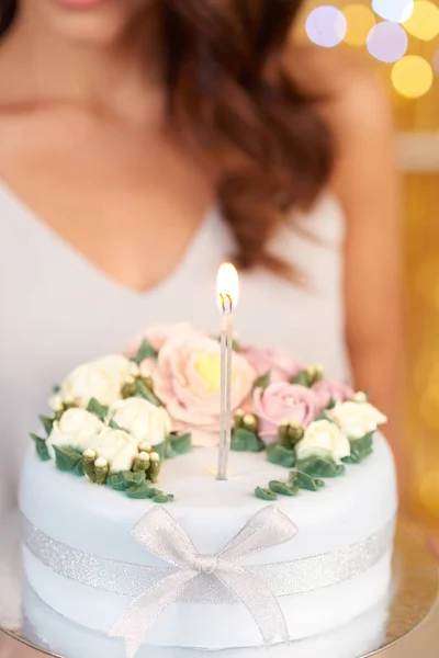 Girl Holding Birthday Cake Candle — Stock Photo, Image