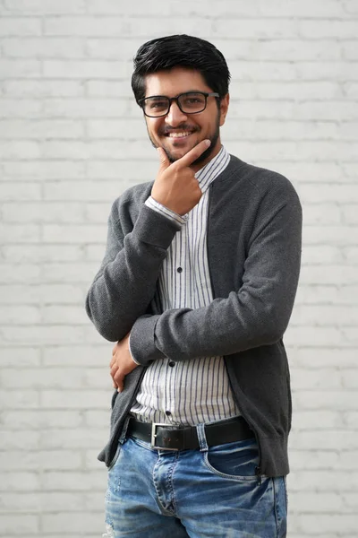 Smiling Young Indian Man Casual Clothes Looking Camera — Stock Photo, Image